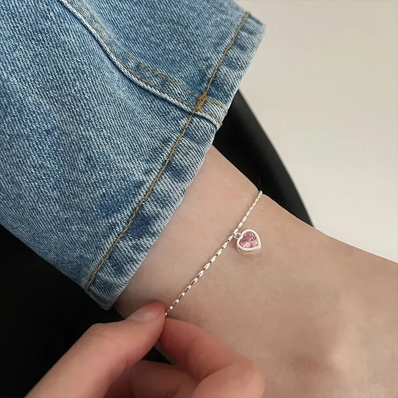 GT Hot Selling Fashion S925 Sterling Silver Anklet for Women Non Tarnish Anklets Pink Heart Simple Anklet Jewelry 2022