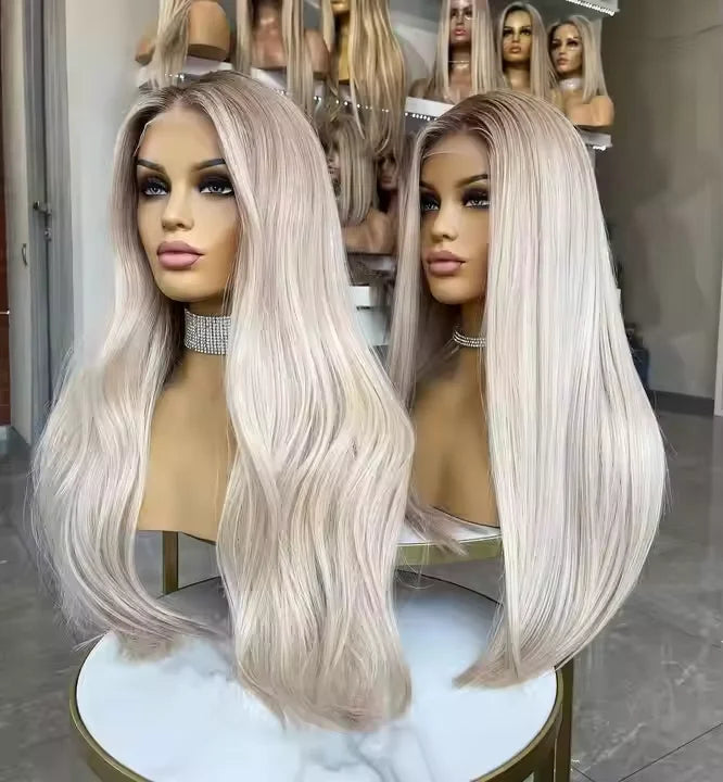 Platinum Color Russian Virgin Hair Lace Frontal Wig Super Double Drawn Natural Straight Jewish Kosher Wigs Bleach Knots