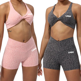 Custom Leopard Printed Workout Yoga Short Sets Sexy Active Wear Yoga Workout Sets for Women Yoga Sets Fitness