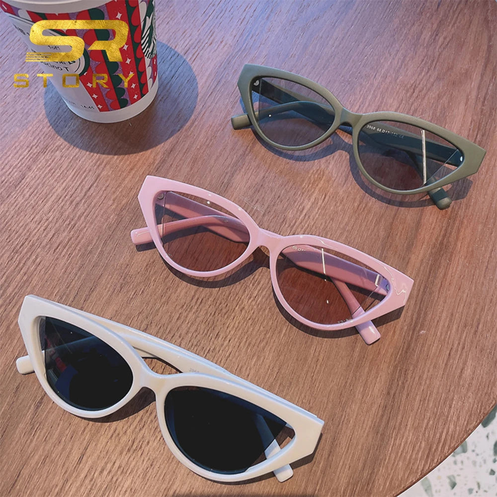 STORY T194 Vintage Tortoiseshell Cat Eye Retro Small Sunglasses Women Men New Fashion Green Frame Sun Glasses Shades