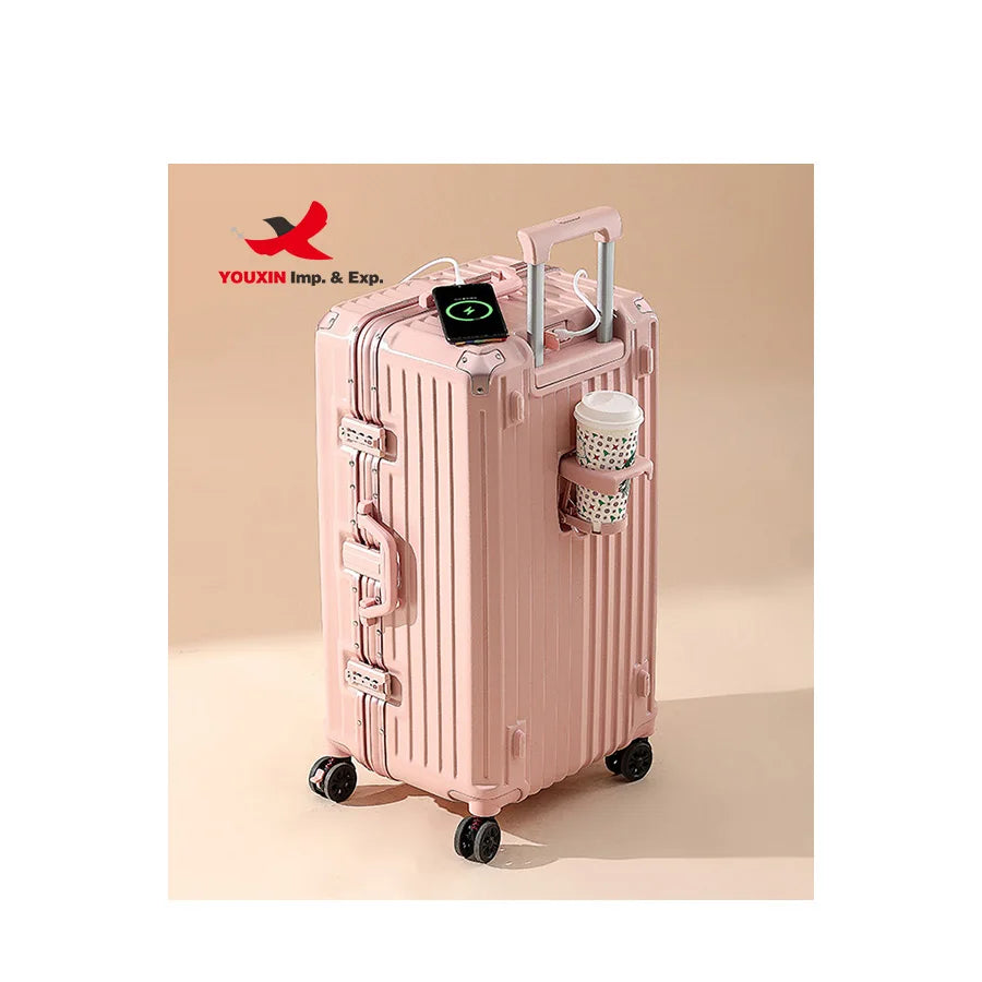 RTS Bulk Hardshell Aluminum Frame Travel Luggage Case Five Wheels Adjustable Pull Rod Suitcase USB Charging Port Cup Holder