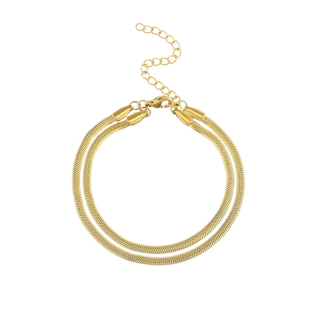 High Quality QYRY Unisex Stainless Steel Sleek Double Layered Snake Chain Engagement Trendy Gold Plated Fashion Link Bracelet