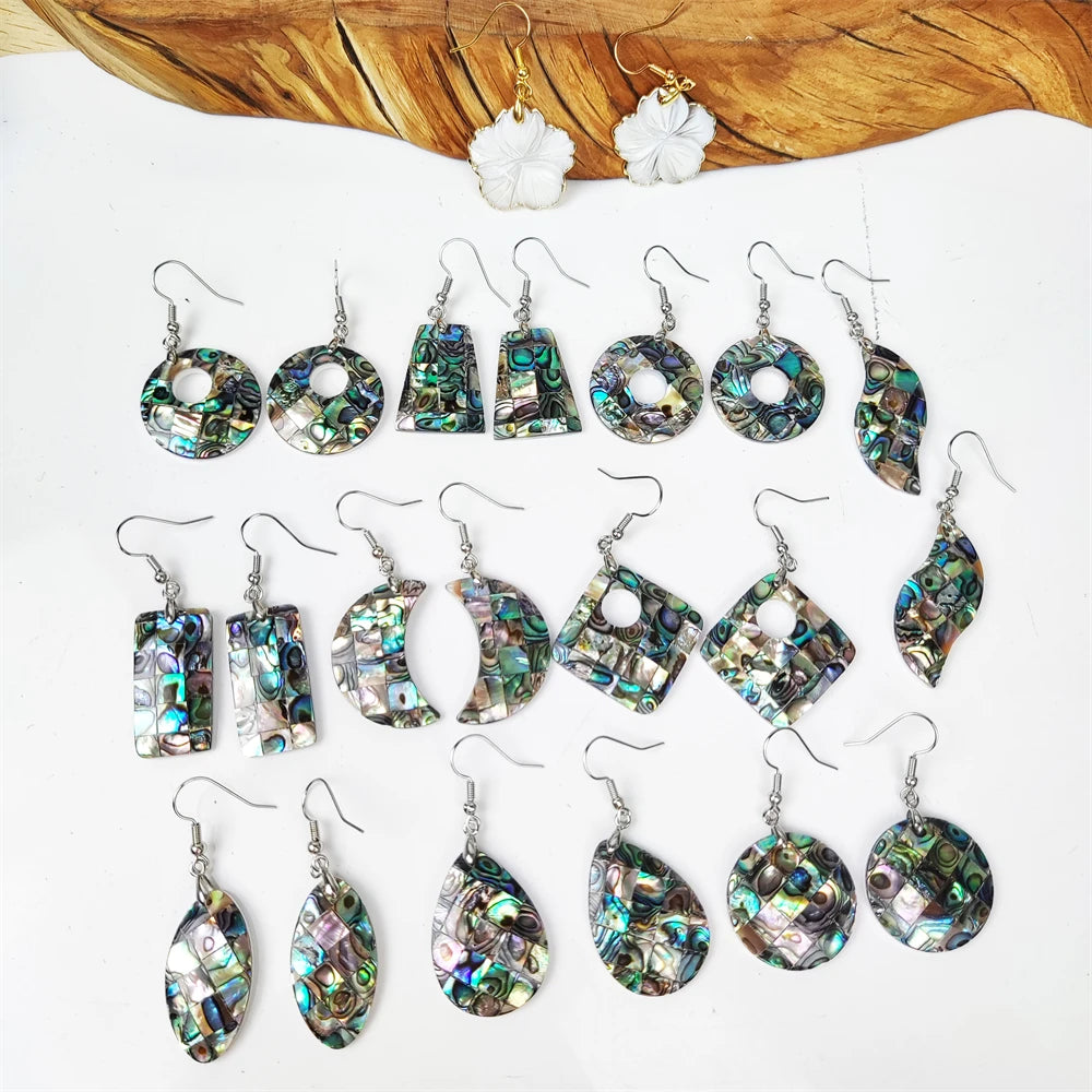 Popular Boho Jewelry Plaid Mosaic Paua Abalone Shell Round Donut Moon Shape Pendant Dangle Earrings Natural Seashell Ear Rings