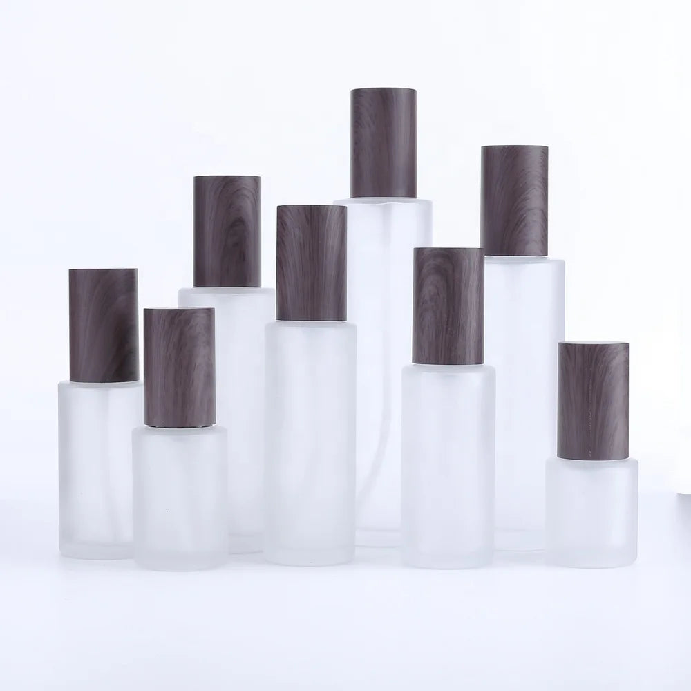 30ml 100ml Cosmetic Packaging Spray Perfume Body Lotion Frost Glass Bottles with Black Sprayer Pump Drak Wood Grain Plastic Lid