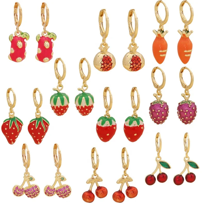 Fashion Hoop Earrings Cute Enamel Fruit Cherry Strawberry Pomegranate Dragon Fruit Charms Earring