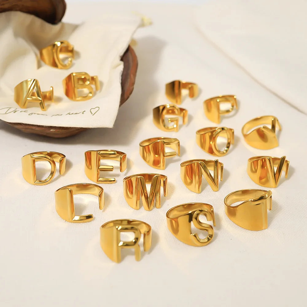 Nabest Waterproof Stainless Steel 26 Initial Letter Ring Jewelry Women Alphabet A-Z Open Rings