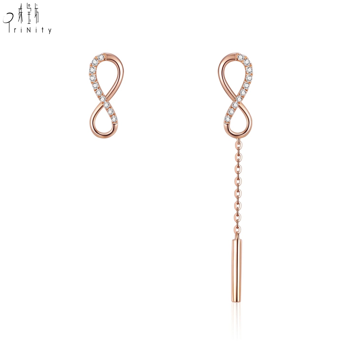 Popular Wholesale Elegant Link Minimalist Earrings Jewelry 18K Solid Rose Gold Shiny Real Natural Diamond Asymmetrical Earrings