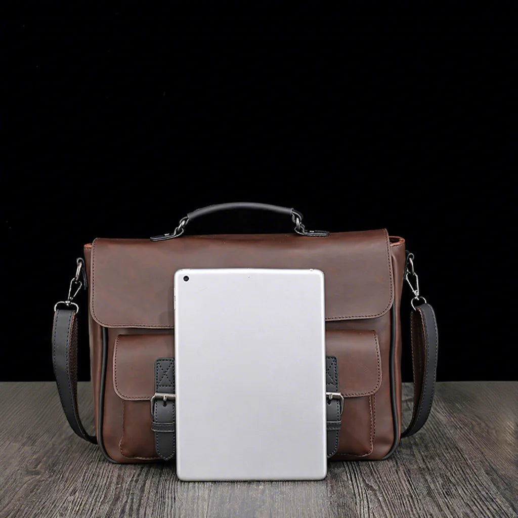 Crazy Horse PU Leather Men's Waterproof Laptop Messenger Bag with Tow Pockets Belt Buckle Business Use & Customizable Logo