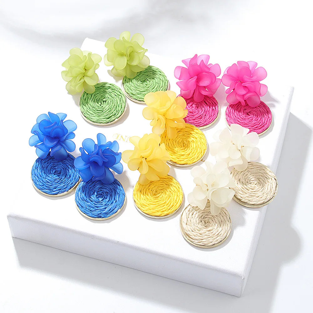 Women's Summer Beach Boho Rattan Earrings Raffia Resin Dangle Drop Jewelry for Vacation Parties Gifts