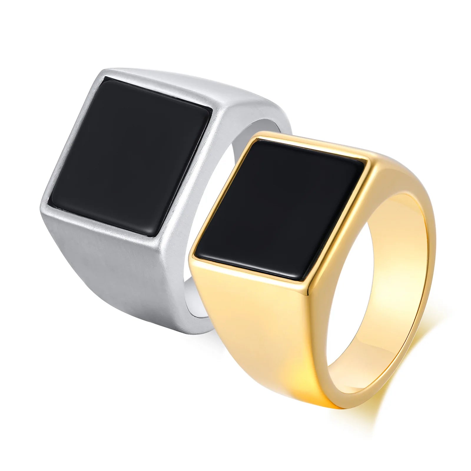 Classic Acrylic Square Design Black Flat Geometric Stainless Steel Ring Jewelry Men's Accessories