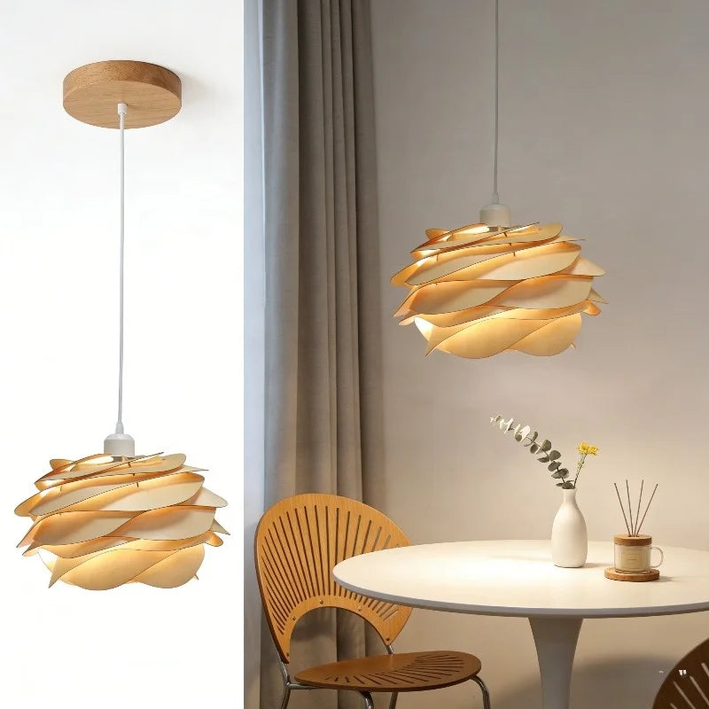 Modern Wood LED Chandelier Minimalist Petal Pendant Light Wooden Hanging Lamp for Kitchen Island Living Room Bedroom Lighting