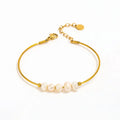 18K PVD Gold Plated Stainless Steel Fresh Water Pearl Stretchy Chain Bracelet Vintage Style Gold Bangle for Women Gift