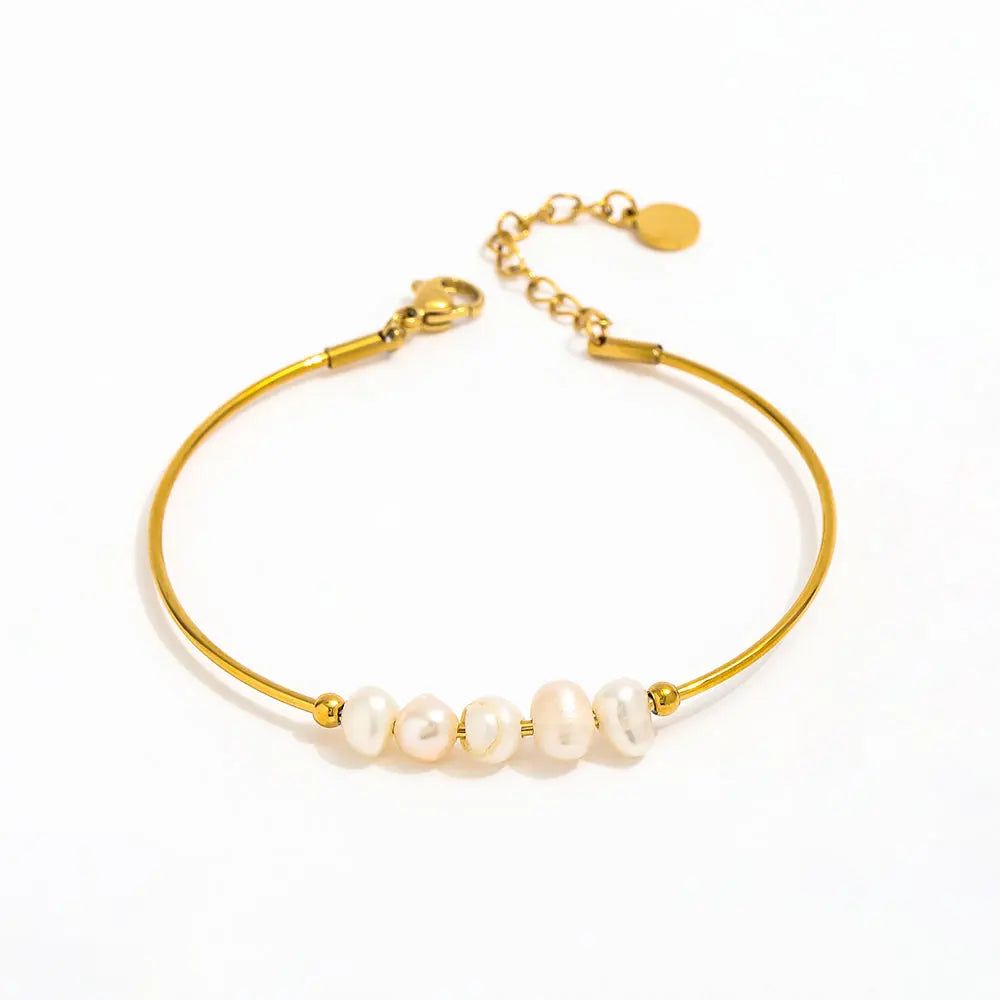 18K PVD Gold Plated Stainless Steel Fresh Water Pearl Stretchy Chain Bracelet Vintage Style Gold Bangle for Women Gift