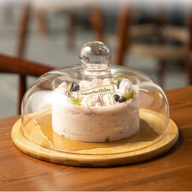 Lead-free Transparent Bohemian Wood Eco-Friendly Round Cake Glass Cover Food Preservation Dust Proof Display Tray for Event