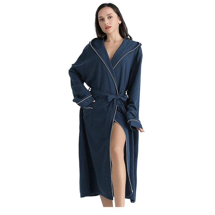 Women's Summer Casual Hooded Waffle Fabric Ankle-Length 100% Cotton Quick Dry Breathable Thin Sleepwear Bathrobe