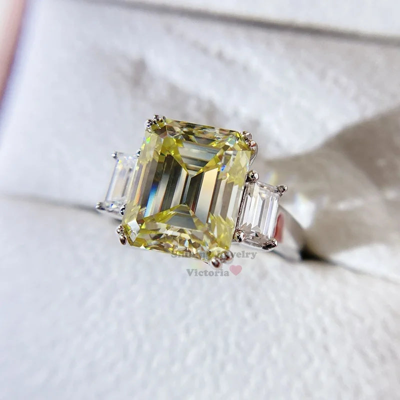 Three Stone VVS Moissanite Diamond 10K White Gold Emerald Cut Yellow Moissanite Ring
