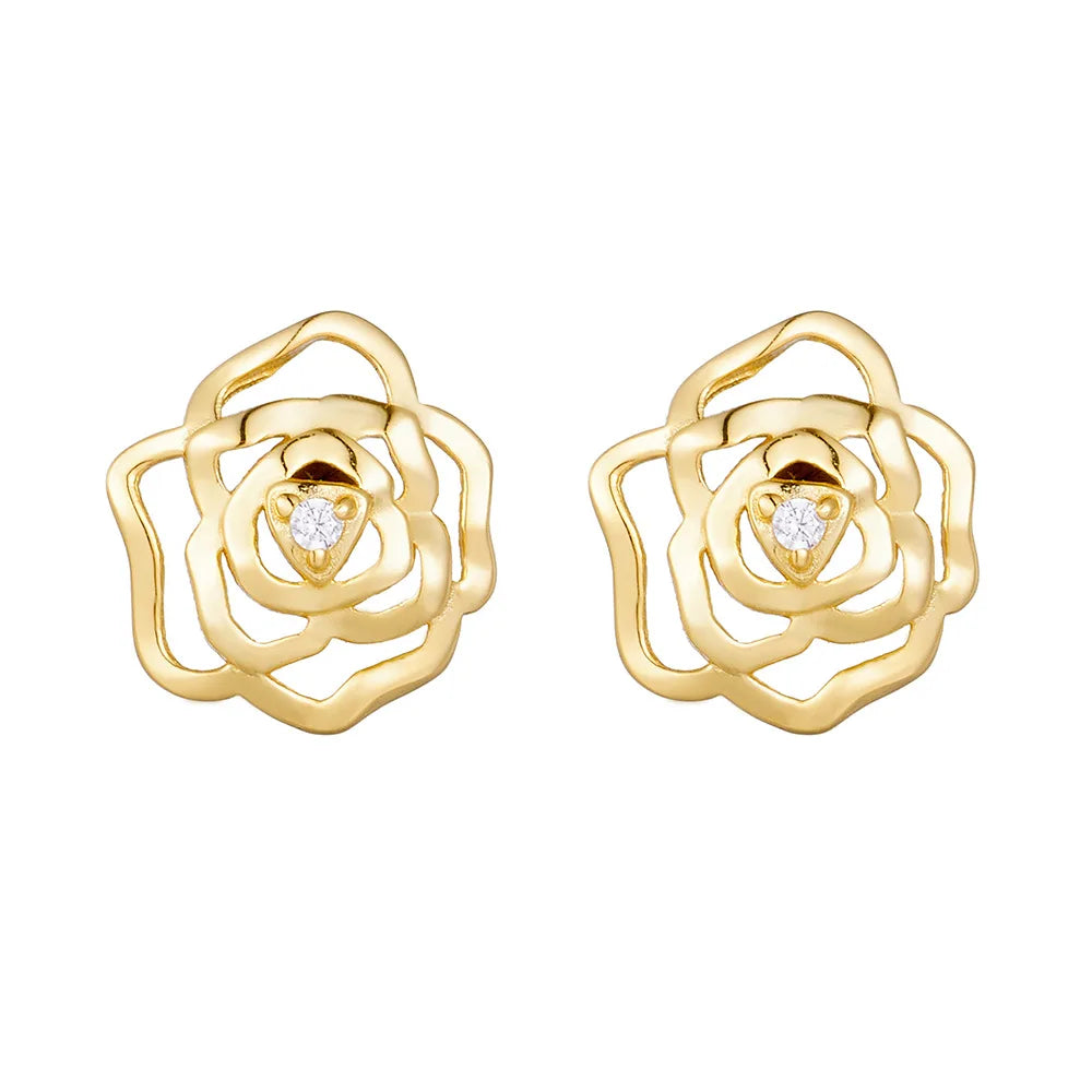 Fine Jewelry 925 Sterling Silver Flower Rose Zircon Gold Plated Stud Earrings for Women Dropshipping Products 2023