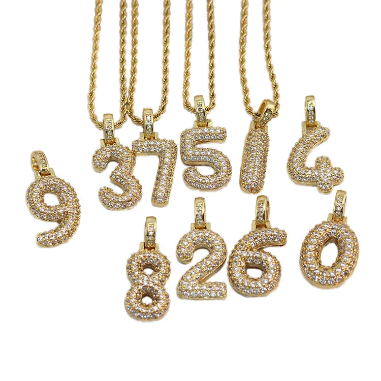 NZ1511 18k Gold Plated Stainless Steel Rope Chain Iced Out Cz Micro Pave Arabic Number Digits Charm Women Chain Ladies Necklace