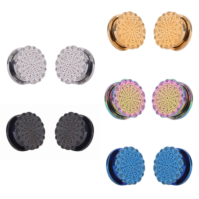 Gold Stainless Steel Men's Body Jewelry Flower Shape Ear Gauges Tunnel Ear Piercing Plugs Expander Stretchers for Weddings