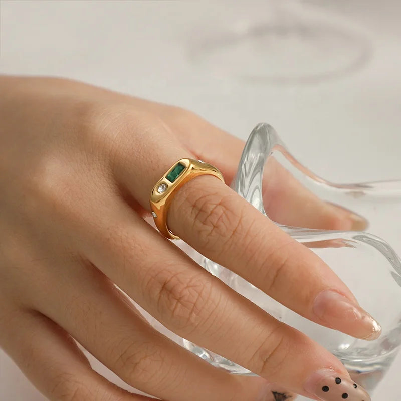 Wholesale Stainless Steel Fashion Minimalist Jewelry 18K Gold Plated Natural Stone Zircon Rings for Women