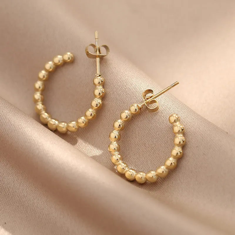 Creative Design Gold Plated Circle Earrings Splicing Stainless Steel Beaded C Shape Hoop Earring