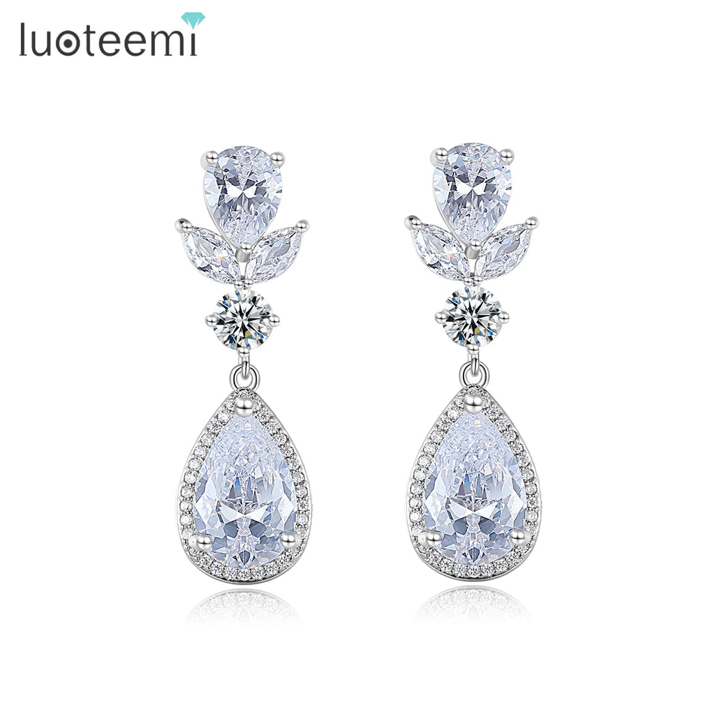 LUOTEEMI Trendy 18 K Gold Crystal Diamond Water Drop Earrings Brass Full Big Cubic Zirconia CZ Drip Earrings