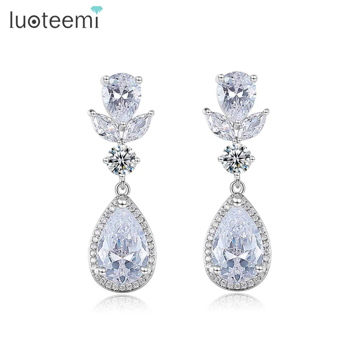 LUOTEEMI Trendy 18 K Gold Crystal Diamond Water Drop Earrings Brass Full Big Cubic Zirconia CZ Drip Earrings