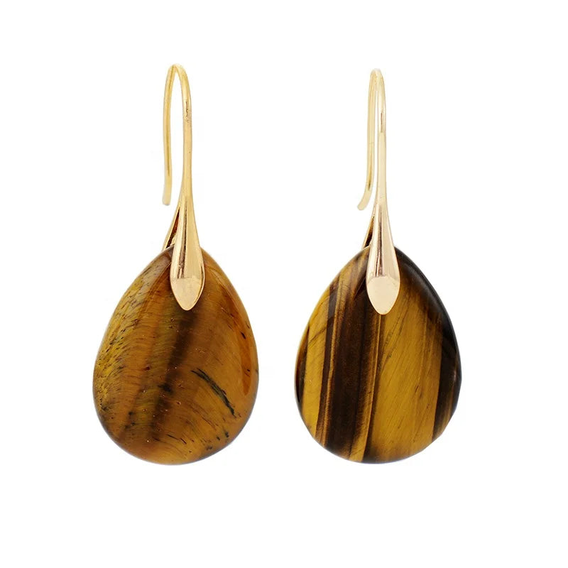 Minimalist 18K Gold Plated Huggie Ear Ring Natural Tiger Eye Gem Stone Designer Jewelry for Women Fashionable Drop Earrings