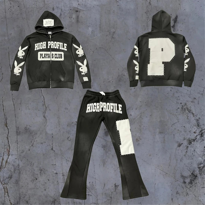 OEM Custom Sun Faded Vintage Streetwear Heavyweight Hoodie Acid Wash Applique Flare Sweatpants Suit Tracksuits for Men