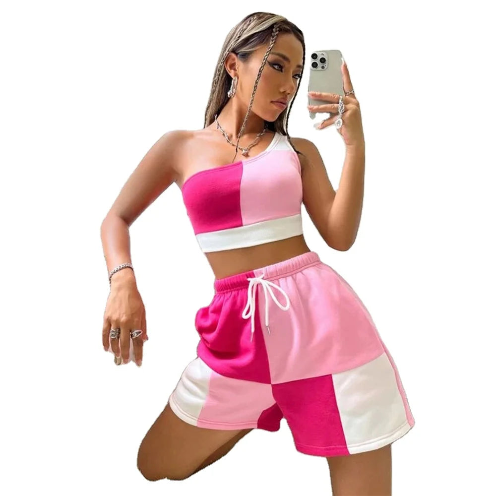 KY Women's Casual Solid Style One Shoulder Crop Top & Drawstring Waist Shorts Sexy Club Outfits Wholesale