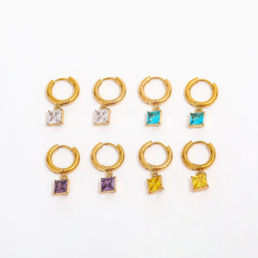 Fenny Waterproof Fashion Earring 18K Gold-plated Wholesale White Pink Blue Square Zirconia Stainless Steel Earring for Women