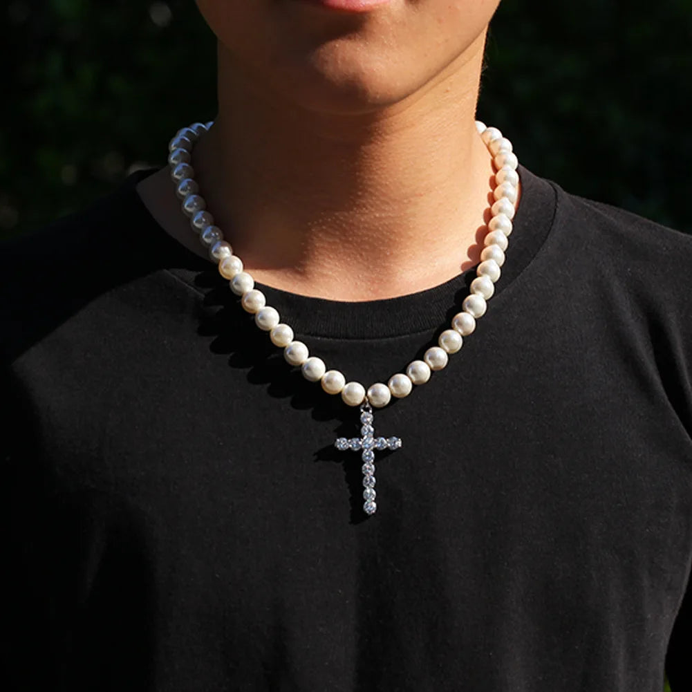 Trending Jewelry 18K Gold Plated Women Chain Necklace 8MM 10MM Zircon Silver Choker Cross Pearl Beaded Necklace