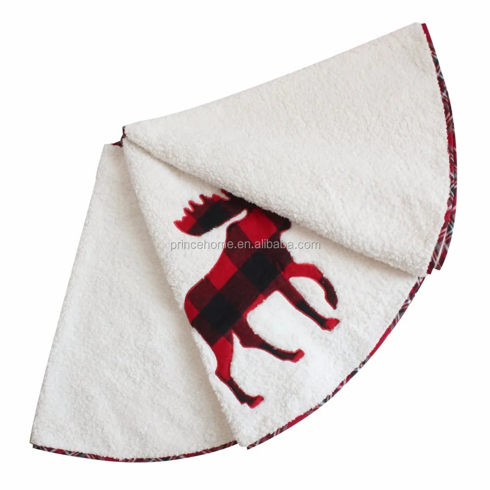 42'' White Sherpa Christmas Tree Skirt with Embroidered Moose Buffalo Check Applique Minimum Order 50pcs