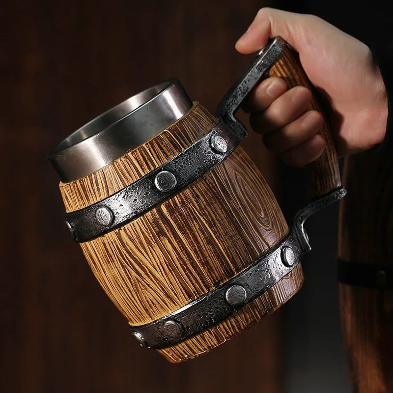 High-capacity Cup MCA04 Wooden Bucket Beer Mug Medieval Specialty Stainless Steel Cup for Bar Handgrip Beer Mug