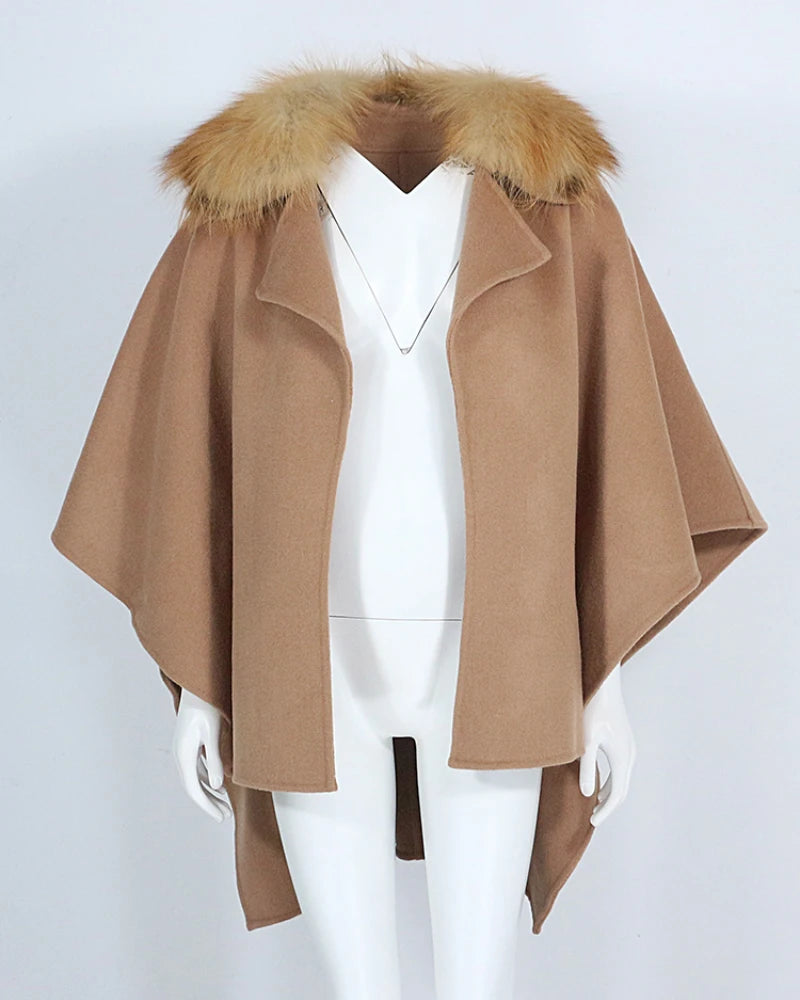 OFTBUY 2023 Cool Women's Natural Fox Fur Bat Coat Open Stitch Jacket Cashmere Wool Blends Real Fur Woolen Bat Cloat Coat