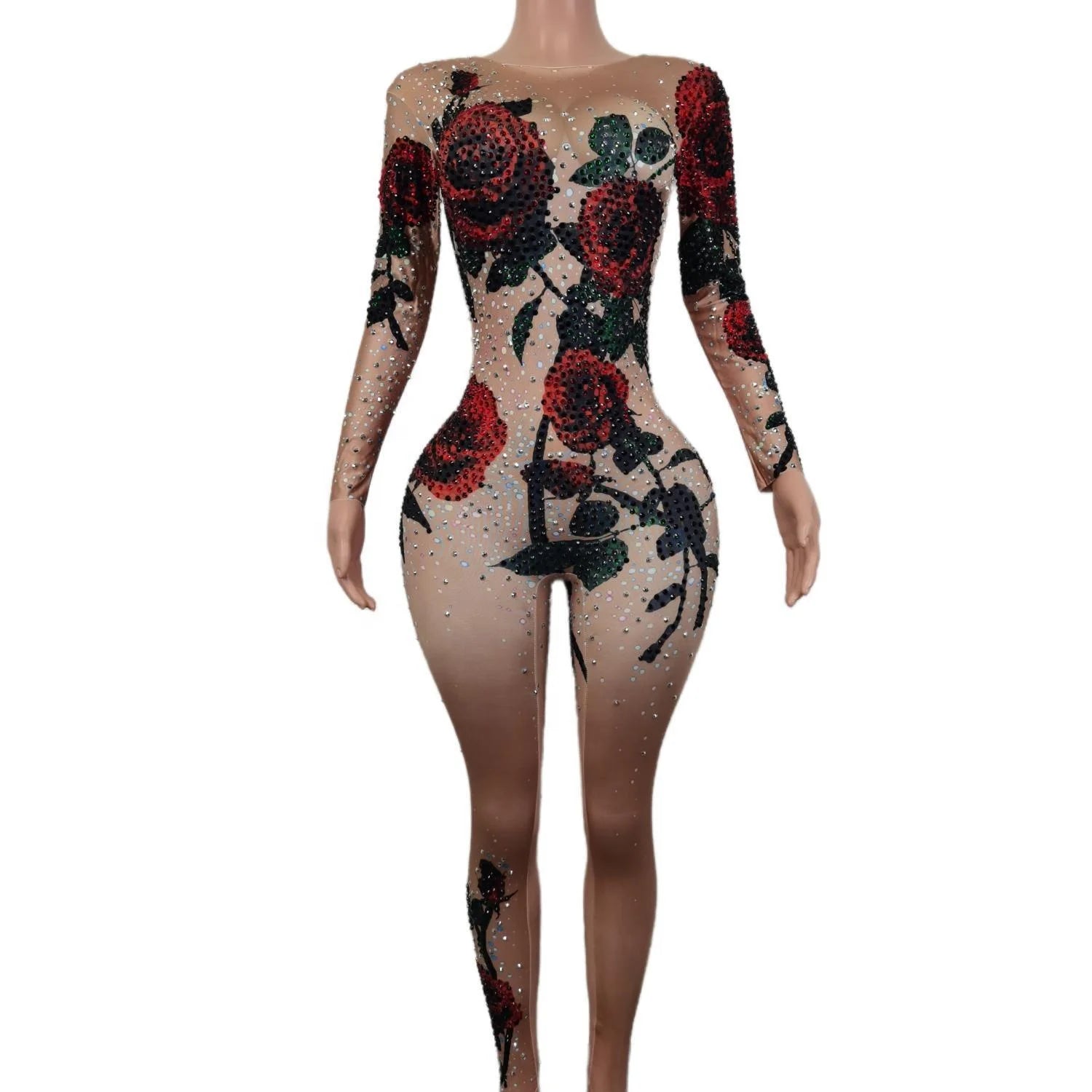 Fashion Sexy Flower Rhinestone Bodysuits Slim Fit Stage Dancer Leotard Night Club Ladies Rompers Women Party One Piece Jumpsuit