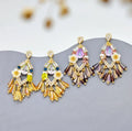 Ilona18K Gold Plated Copper Teardrop CZ Flower Tassel Earrings Bohemian Multi-Color Crystal Statement Earrings Jewelry for Women