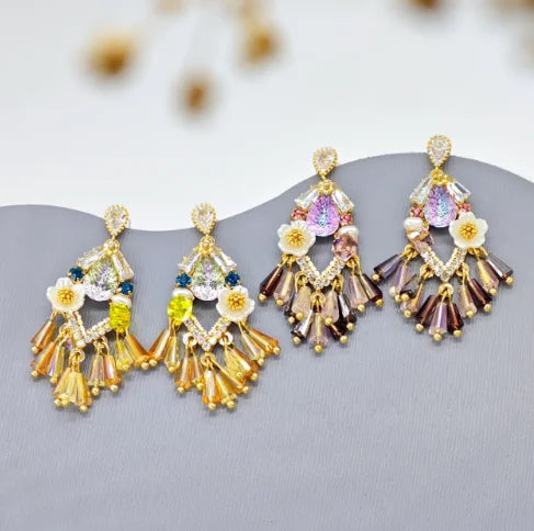 Ilona18K Gold Plated Copper Teardrop CZ Flower Tassel Earrings Bohemian Multi-Color Crystal Statement Earrings Jewelry for Women