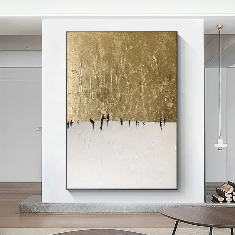 JZ Arts Modern Abstract Art Hand Painted Oil Painting on Canvas with Black White Gold Foil for Hotel Wall Art