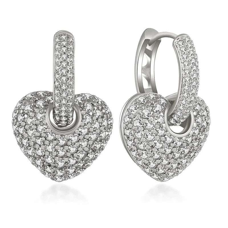 Hot Sale Sweet Silver Plated Women Earrings Fashion Net Red Live Full Zircon Earrings Matching Zircon Heart Dangle Hoop Earrings