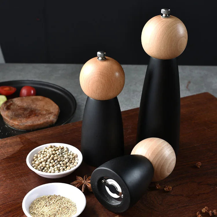 Black Wood Round Shape Durable Shaving Mill Spice Manual Salt & Pepper Shaker with Ceramic Grinder Easy to Use Portable