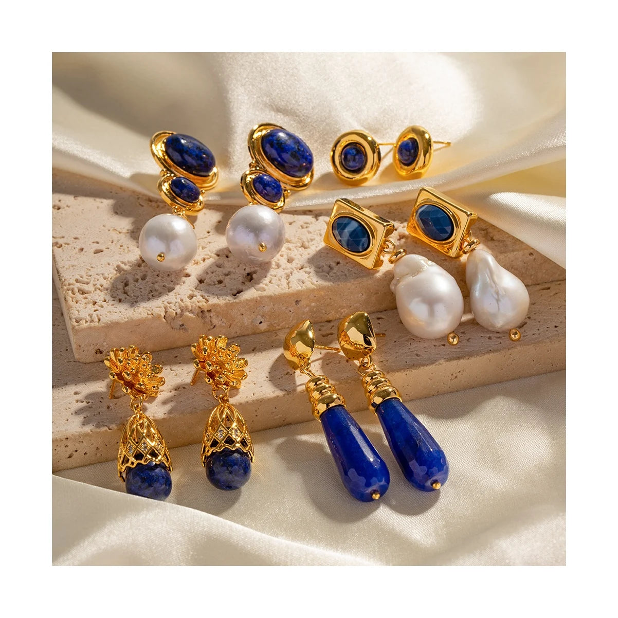 Hanpai Vintage Blue Style Lapis Lazuli Stone Fresh Water Pearl Earrings Drop Gemstone Earrings for Women