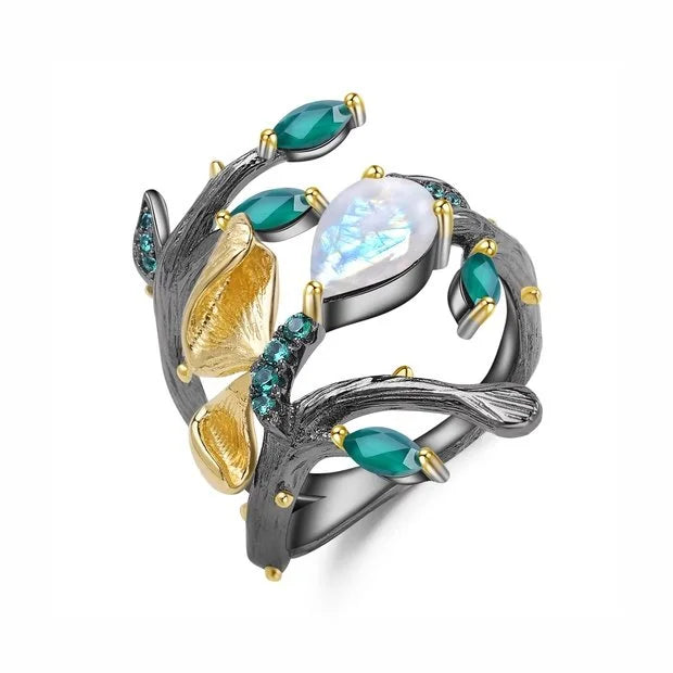 C7758 Abiding Wholesale Personalized Green Agate Milky Blue Moonstone 925 Sterling Silver Butterfly Ring for Women