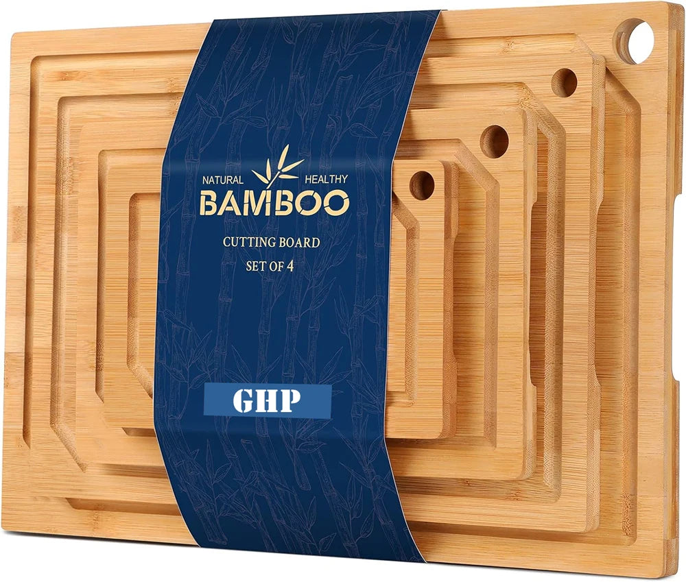 Large Bamboo Cutting Board Set with Juice Groove Wood 4 Pieces Chopping Board Kitchen Thick Butcher Block Cutting Block Board