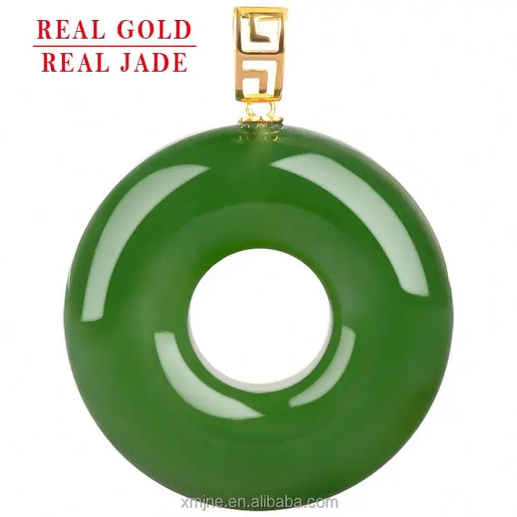 Certified Grade a Spinach Green Natural  Hetian Jade Green Jade Safeness Ring 18k Gold Jade Necklace Men's and Women's