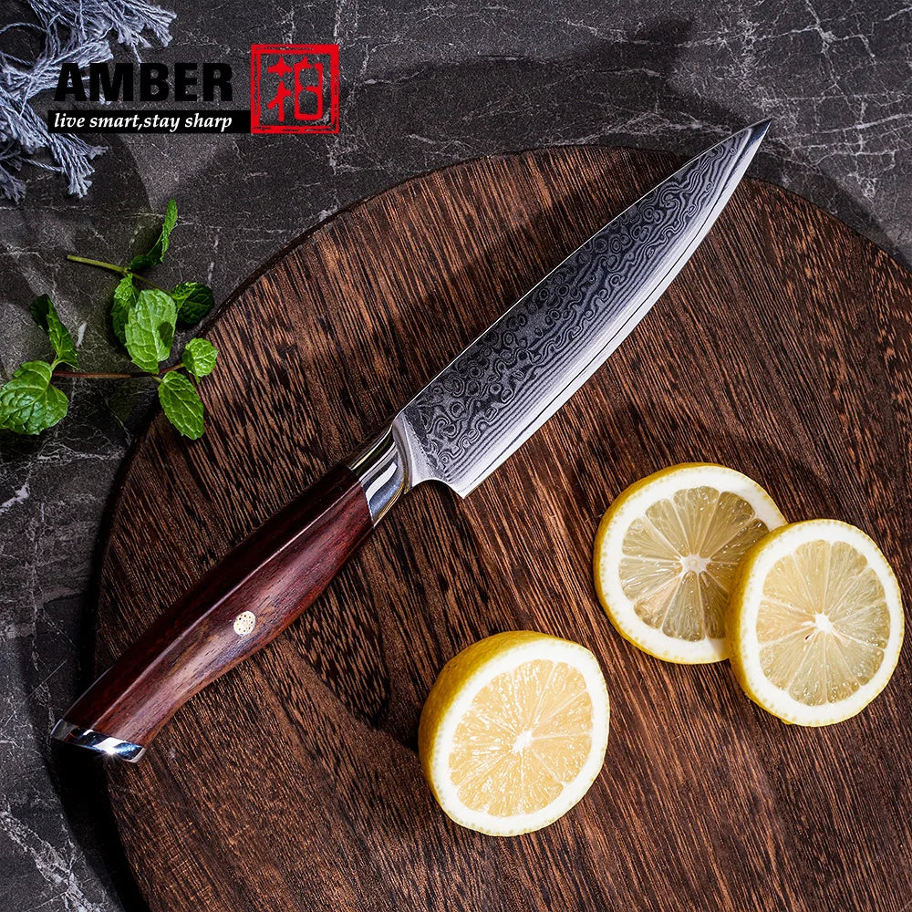 Amber Full Tang Rose Wood Handle 3.5 Inch Kitchen Paring Knives VG10 Damascus Utility Fruit Carving Knife Kitchen