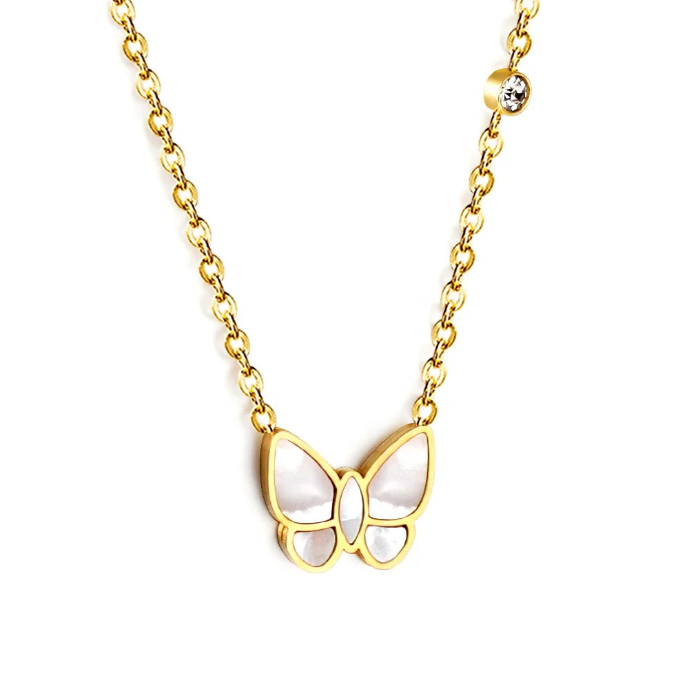 2023 New Trendy Fashion 18K Gold Plated Stainless Steel Waterproof Butterfly Jewelry White Shell Butterfly Pendant Necklace