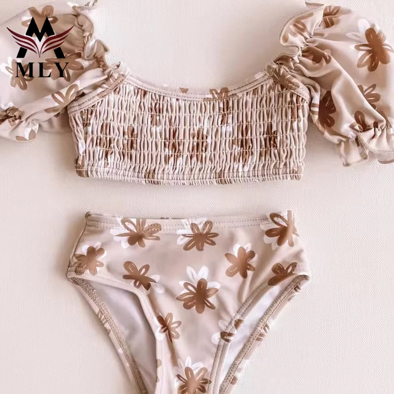 MLY New Trends Sustainable 4 Way Stretch Girls Swimsuit Quick Dry Floral Print Bikini Set One-Piece Swimwear for Kids