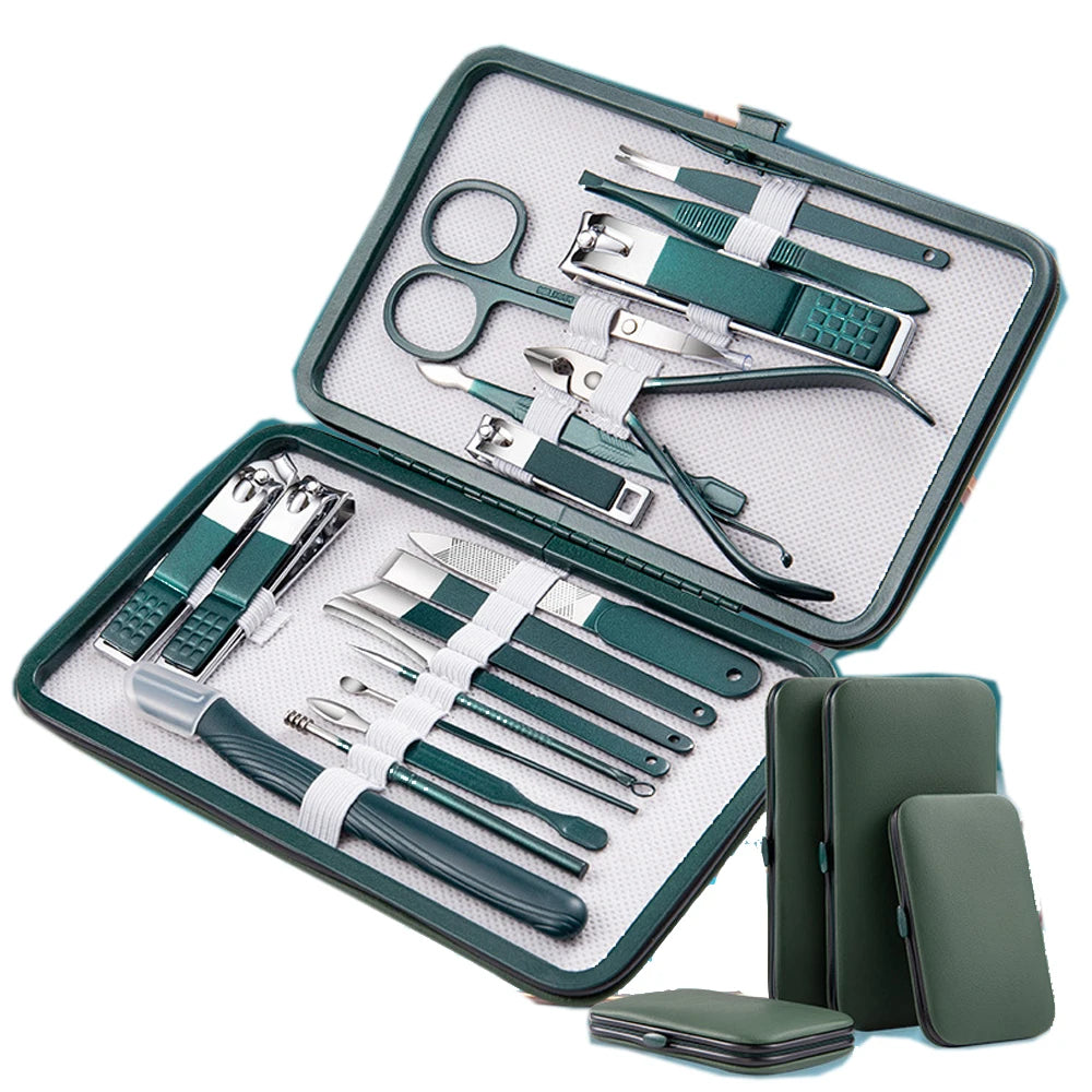 7/10/12/18pcs Stainless Steel Nail Clipper Set Travel Grooming Set Manicure Pedicure Green Nails Cutter Kits