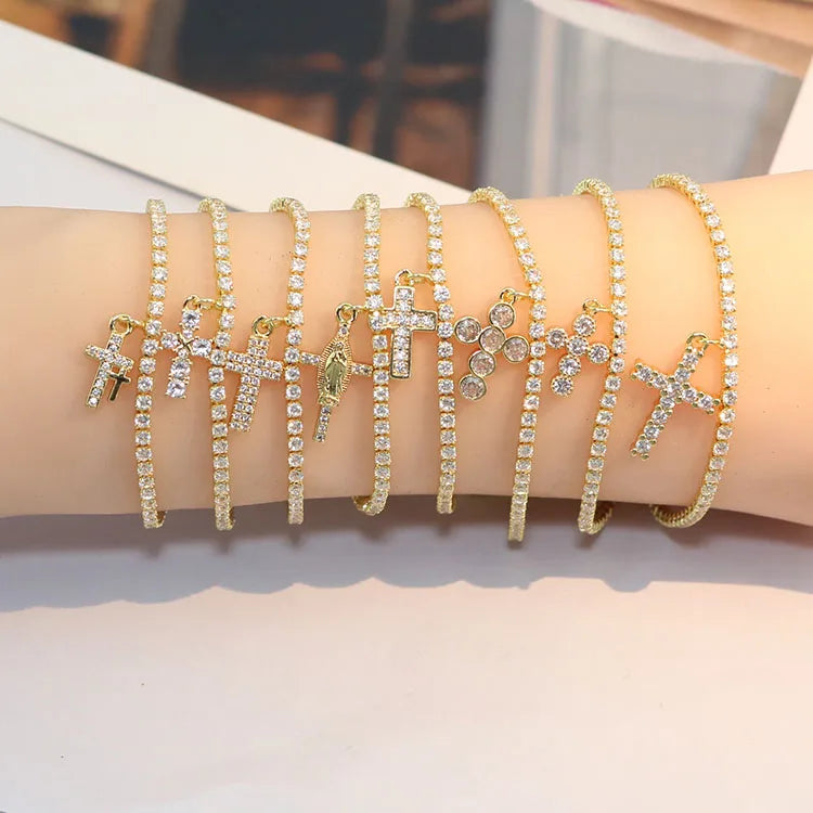 BC1506 Dainty Mini Minimalist Tiny 18K Gold CZ Diamond Cross Charm Tennis Bracelet Catholic Jewelry Religious Bracelet